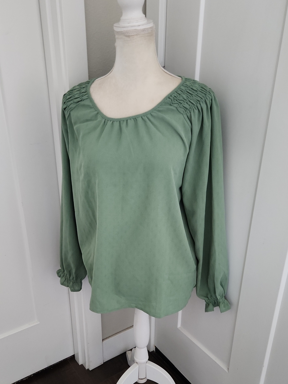 Smocked Shoulder Sage Green Long-Sleeve Blouse